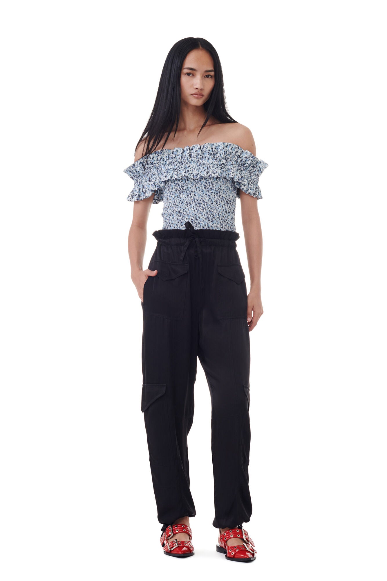 Cotton Poplin Off-shoulder Smock Top