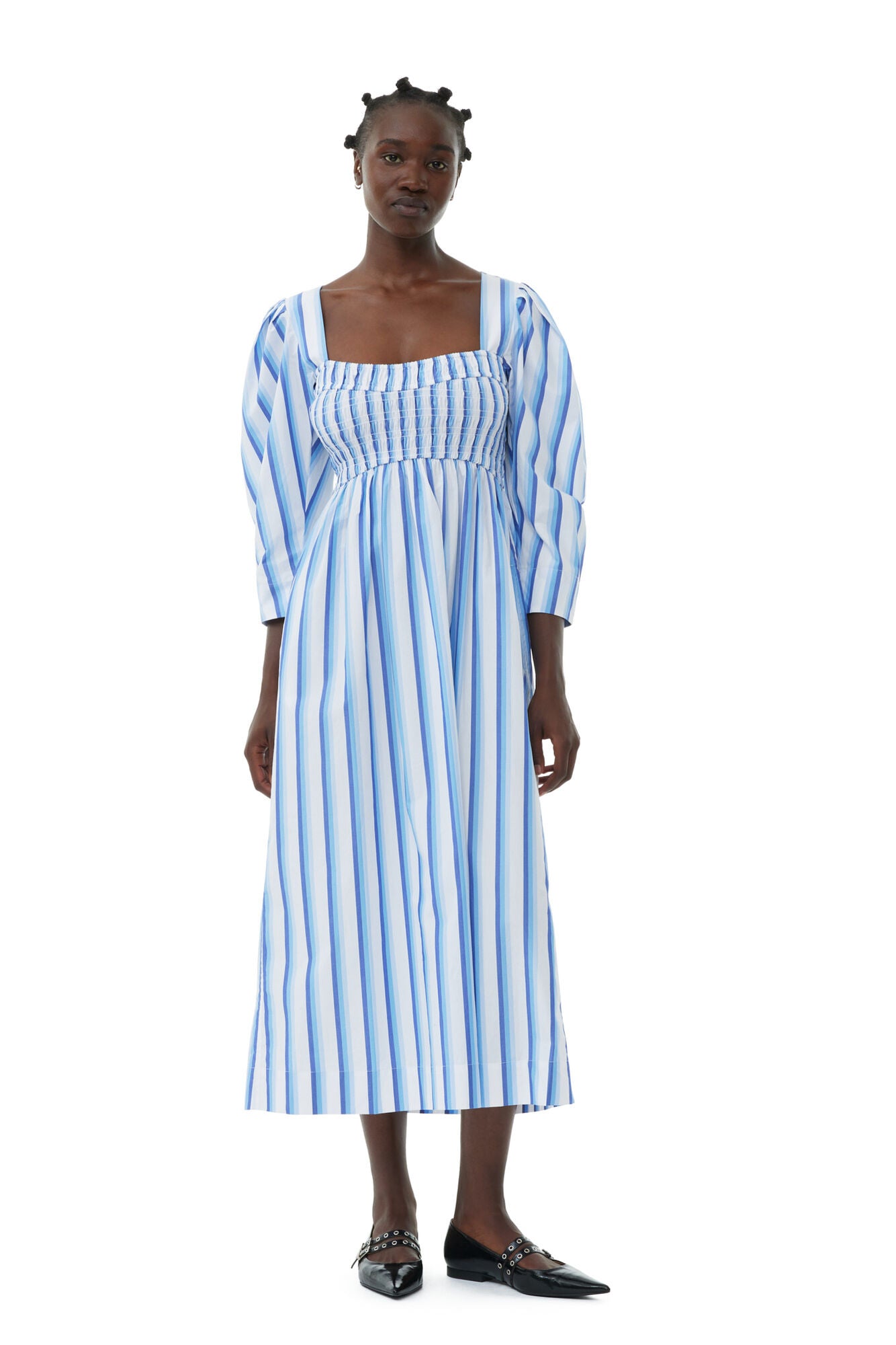 Stripe Cotton Open-neck Smock Long Dress