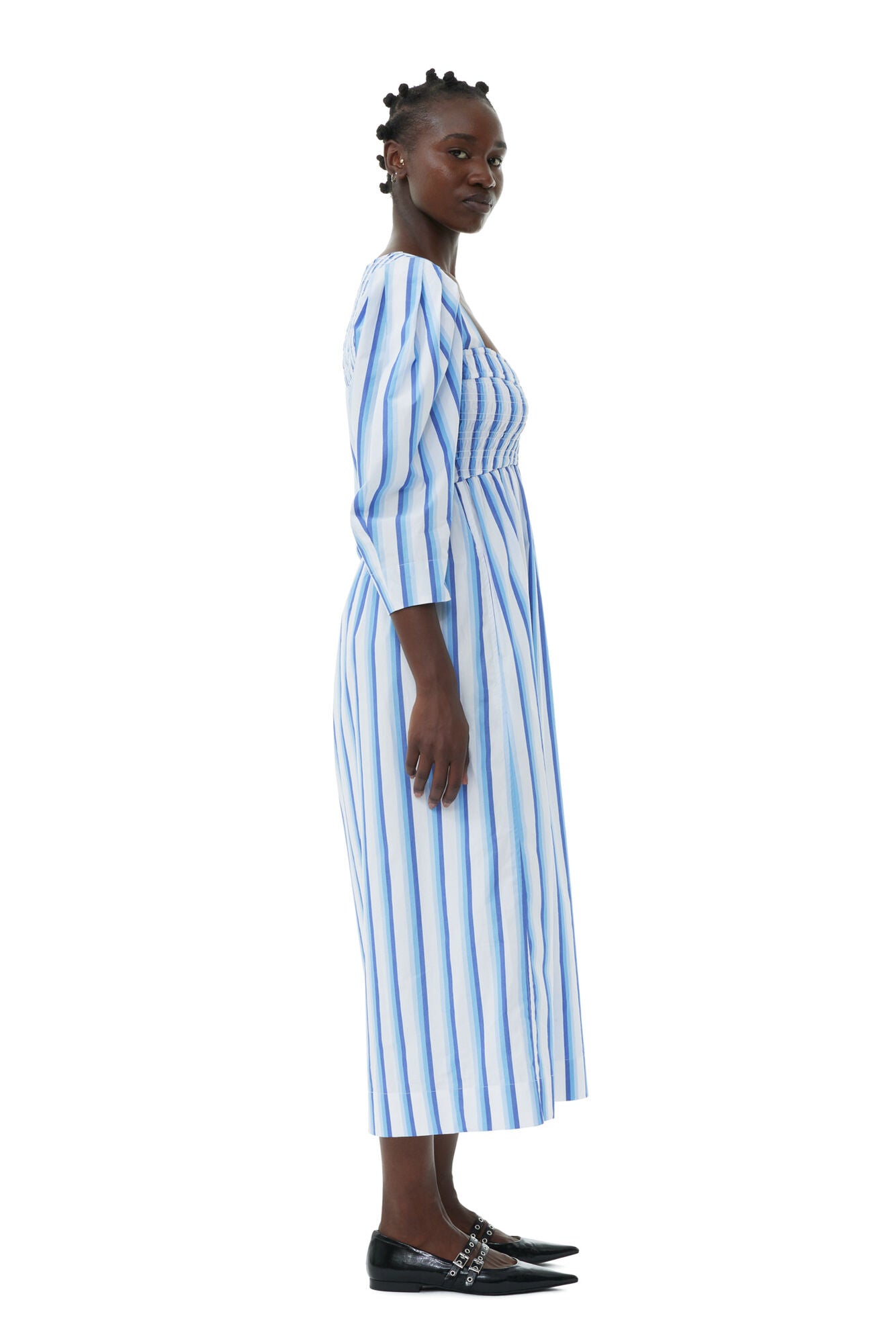 Stripe Cotton Open-neck Smock Long Dress