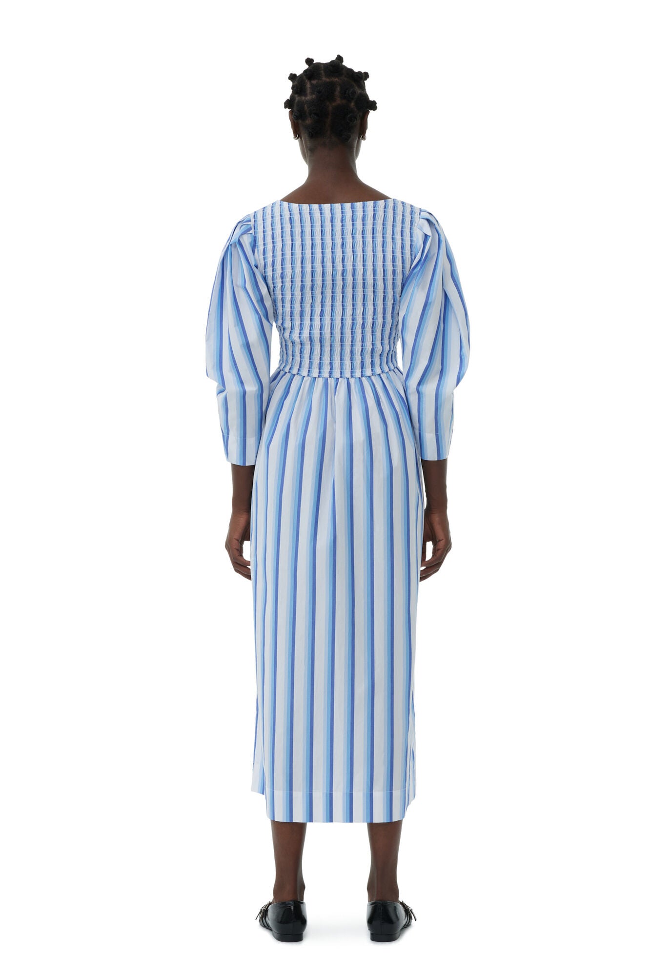 Stripe Cotton Open-neck Smock Long Dress