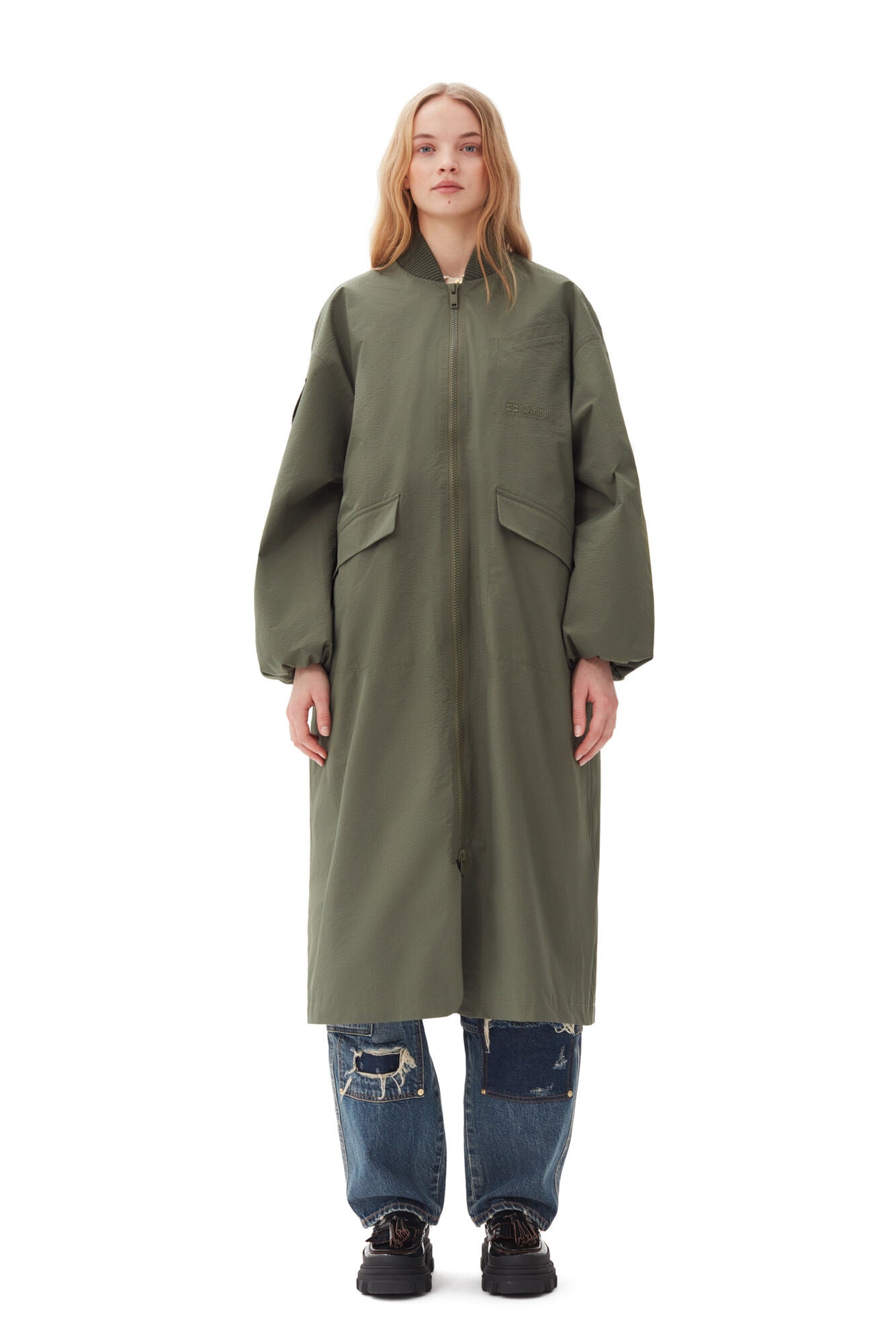 Tech Seersucker Oversized Shell Coat