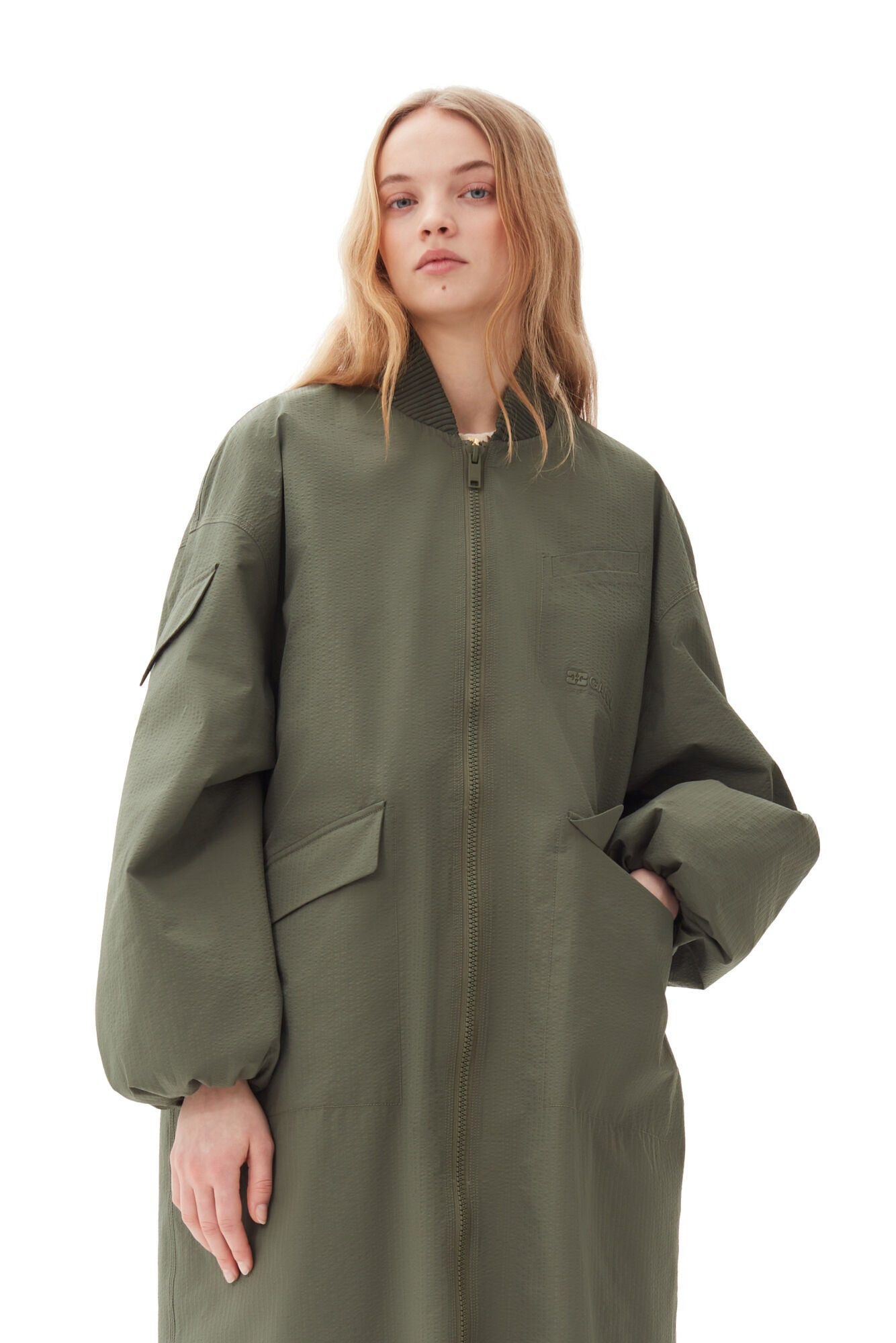 Tech Seersucker Oversized Shell Coat