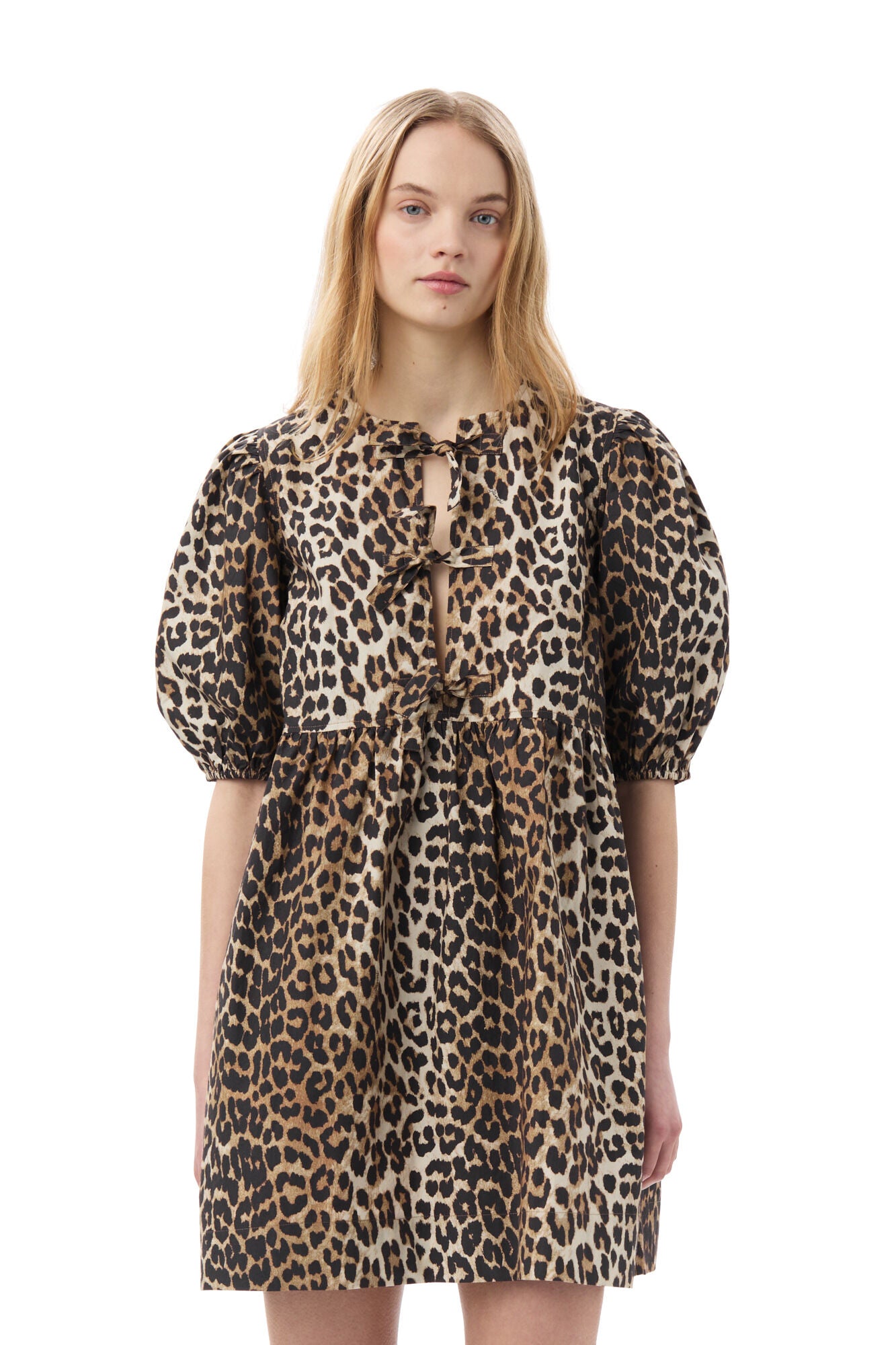 Leopard Printed Cotton Tie String Mini Dress