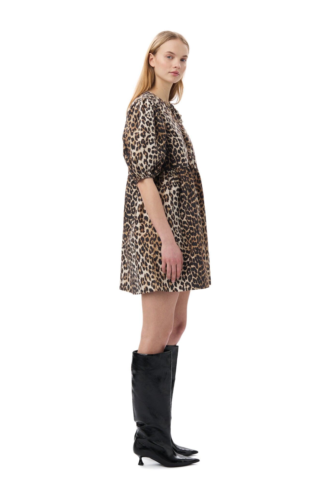 Leopard Printed Cotton Tie String Mini Dress