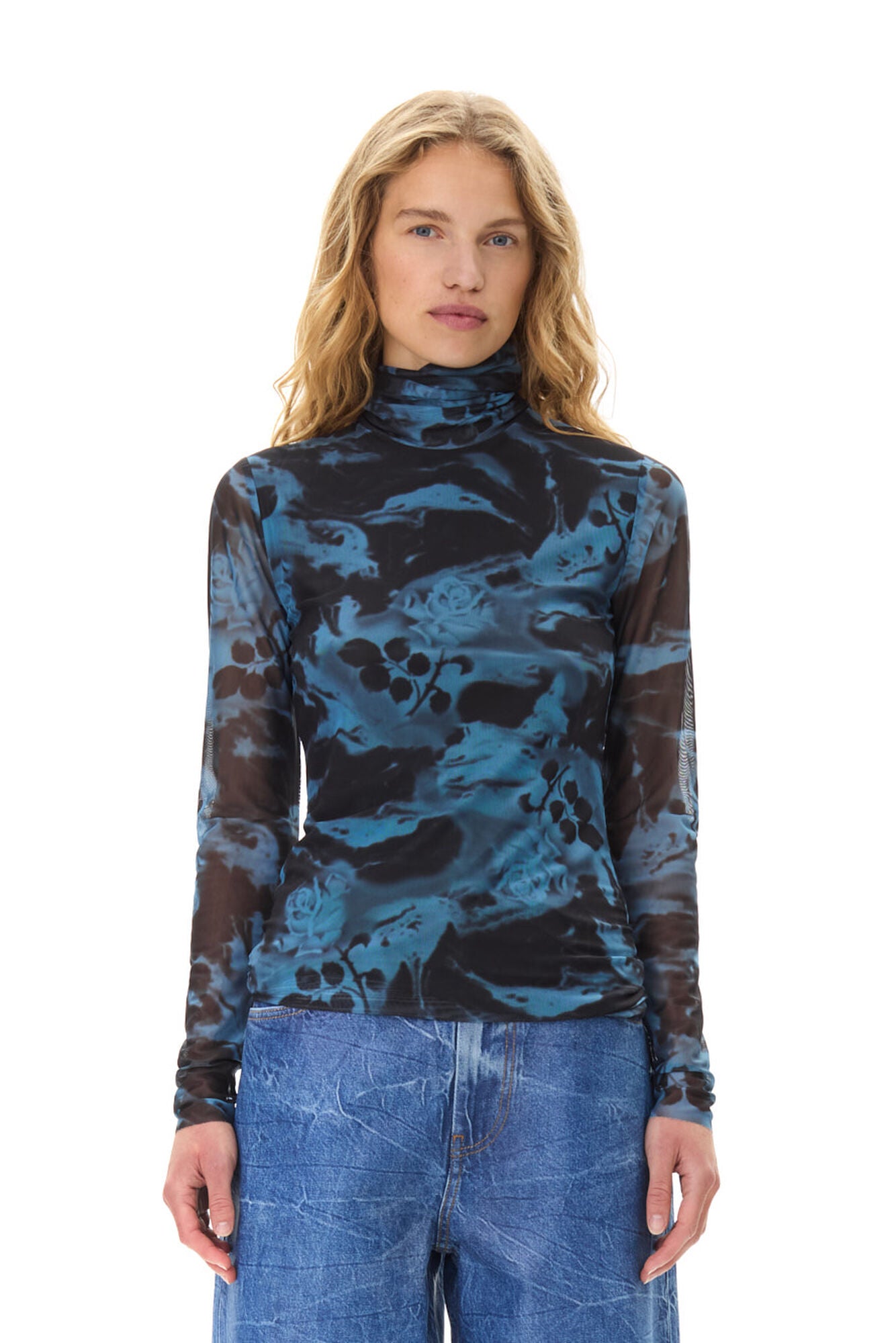 Blue Printed Mesh Long Sleeve