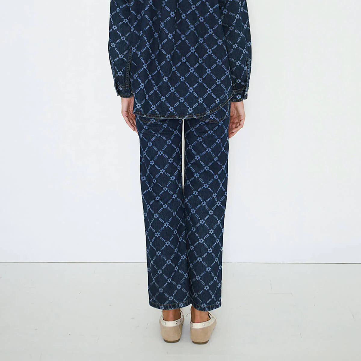 Flowers Grid Denim Trousers