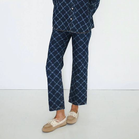 Flowers Grid Denim Trousers